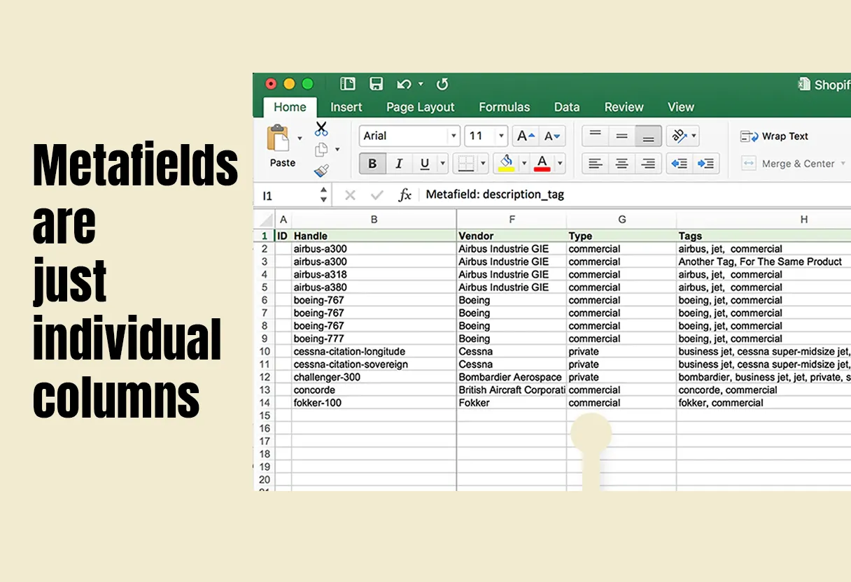 Metafields are just individual columns saving you from having to export all information to find one data source.